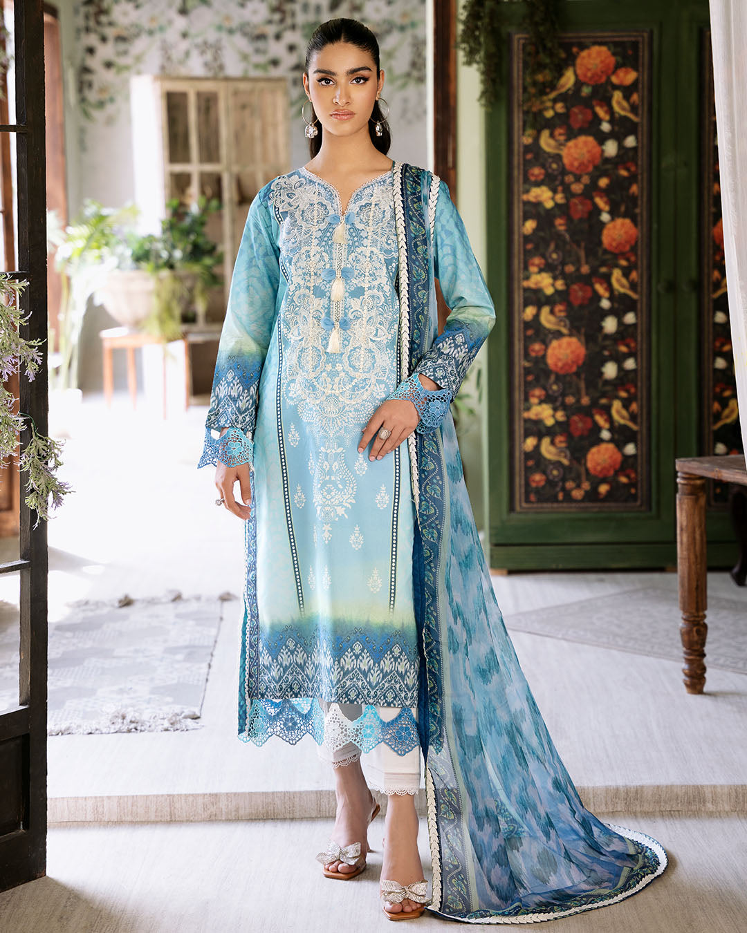Roheenaz | Flora Printed Lawn | Azure - House of Zarish