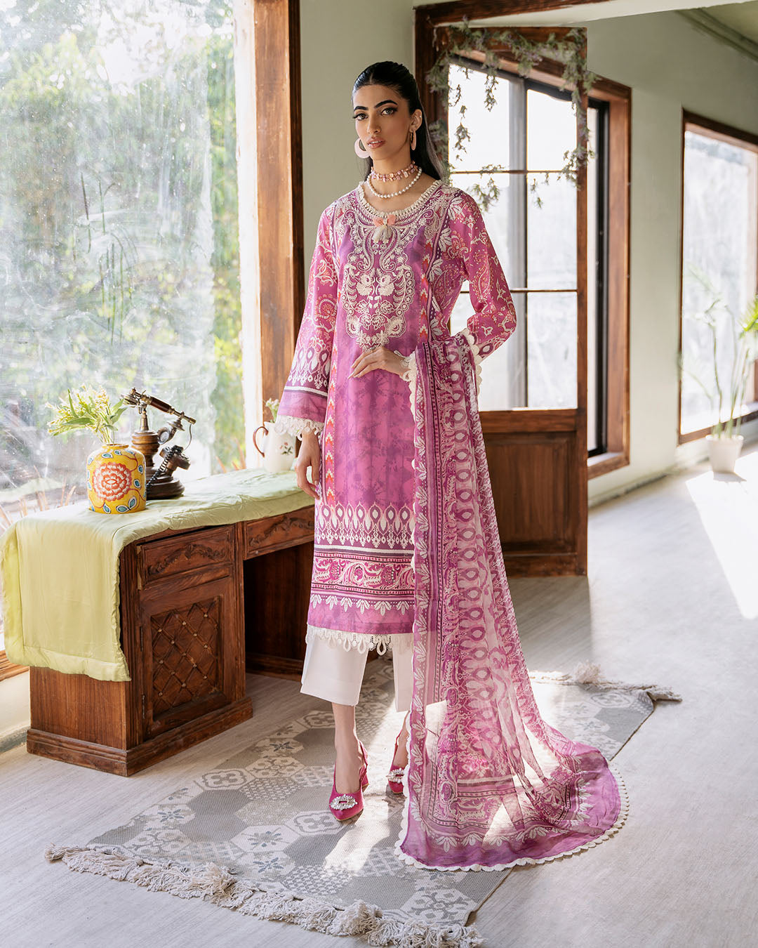 Roheenaz | Flora Printed Lawn | Amaranth - House of Zarish