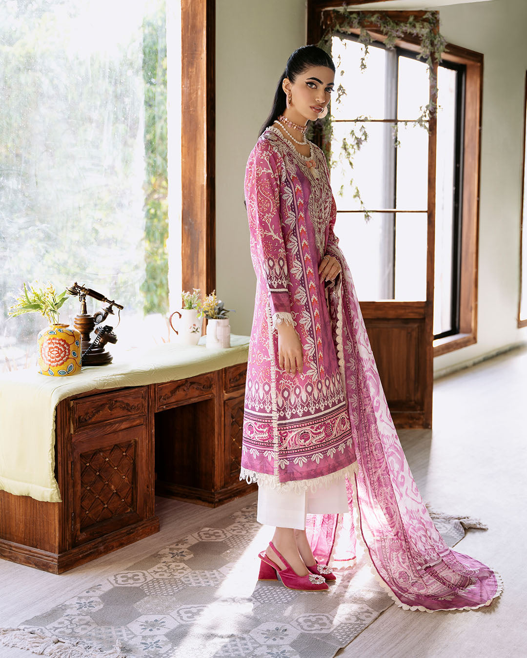 Roheenaz | Flora Printed Lawn | Amaranth - House of Zarish
