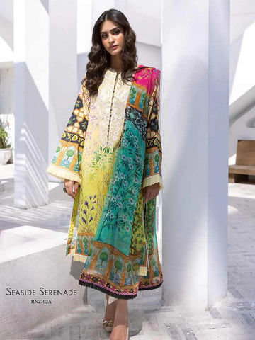 Roheenaz Leya Printed Lawn 3Pc Suit RNZ-02A Seaside Serenade - House Of Anaya