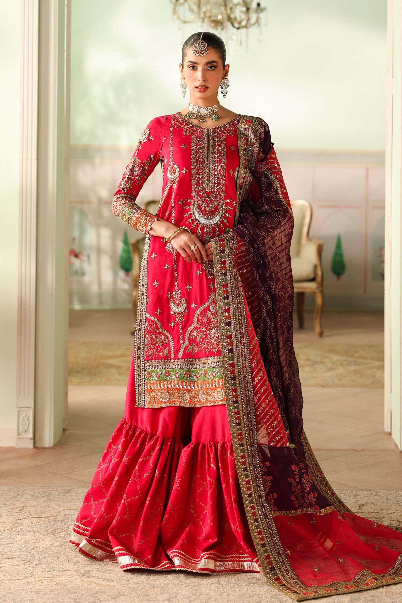 Maria B | Pre Fall Dresses | 3 Piece Embroidered Bamber Raw Silk Suit Carrot Pink