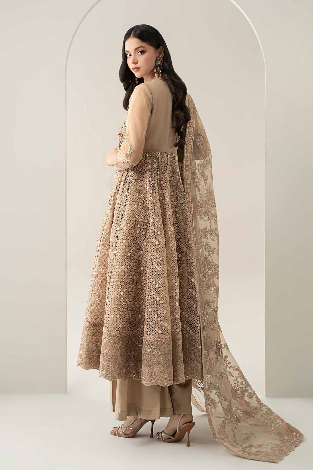 Maria B | Pre Fall Dresses | 3 Piece Embroidered Organza Suit Beige