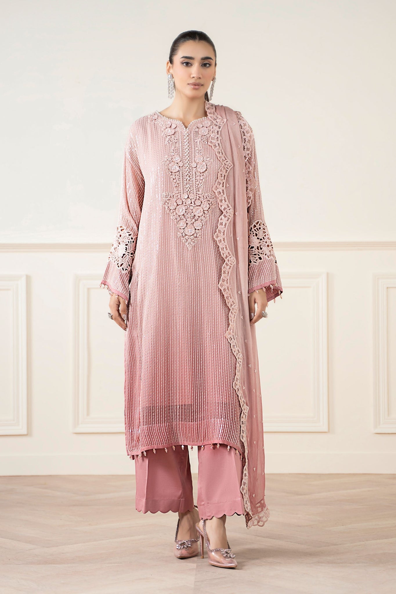 Maria B | Pre Fall Dresses | 3 Piece Embroidered Chiffon Suit Pink