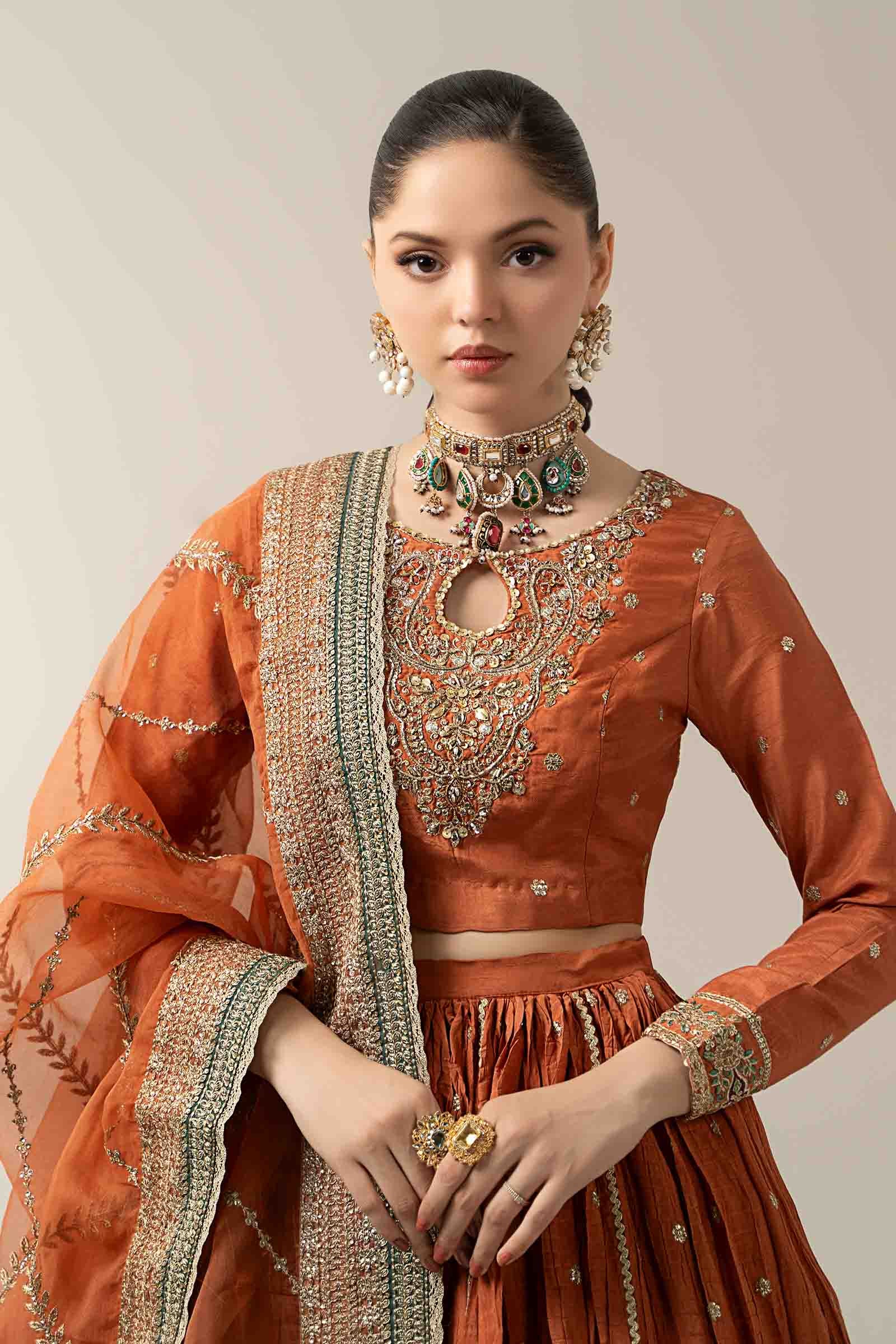 Maria B | Pre Fall Dresses | 3 Piece Embroidered Raw Silk Suit Rust
