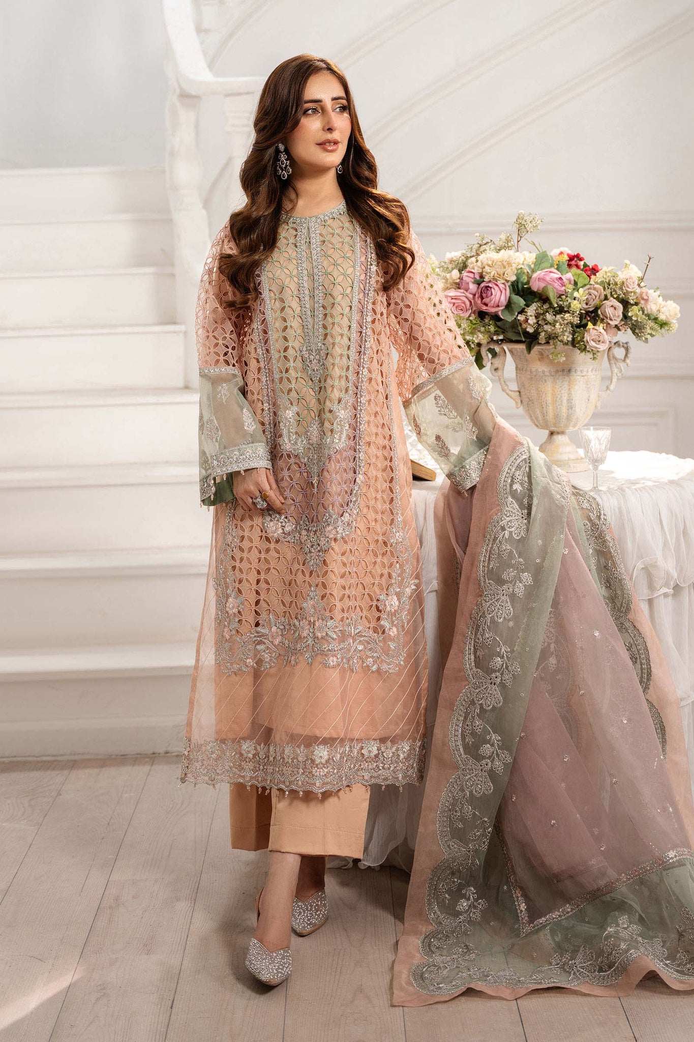 Maria B | Pre Fall Dresses | 3 Piece Embroidered Organza Suit Peach