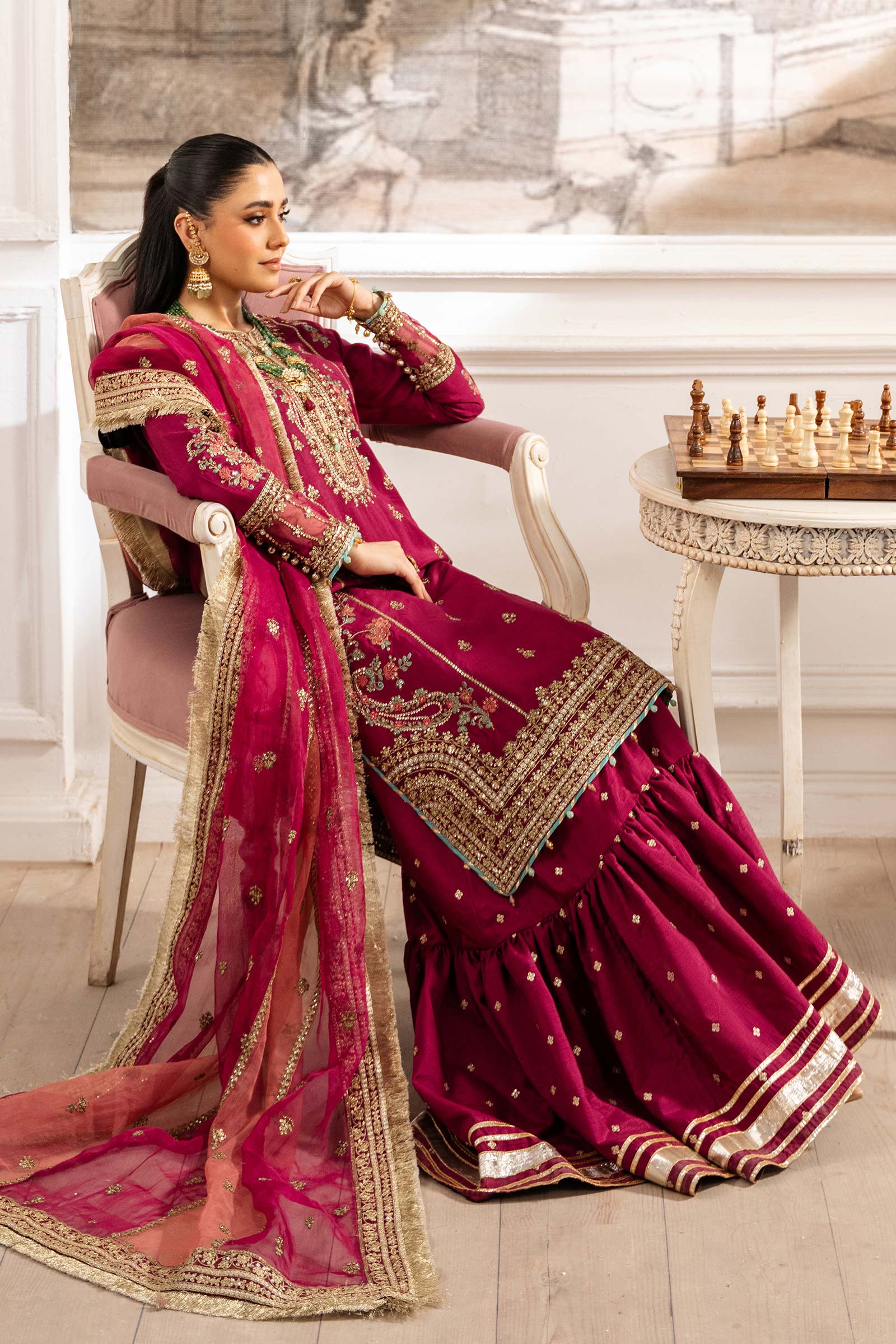 Maria B | Pre Fall Dresses | 3 Piece Embroidered Raw Silk Suit Redish Pink