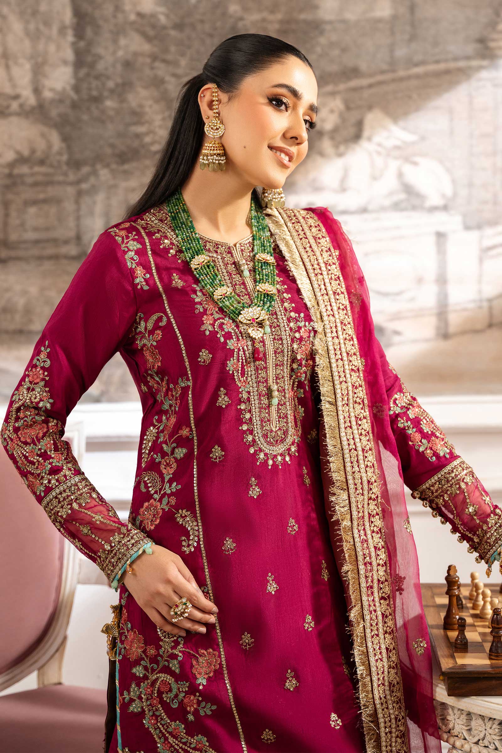Maria B | Pre Fall Dresses | 3 Piece Embroidered Raw Silk Suit Redish Pink