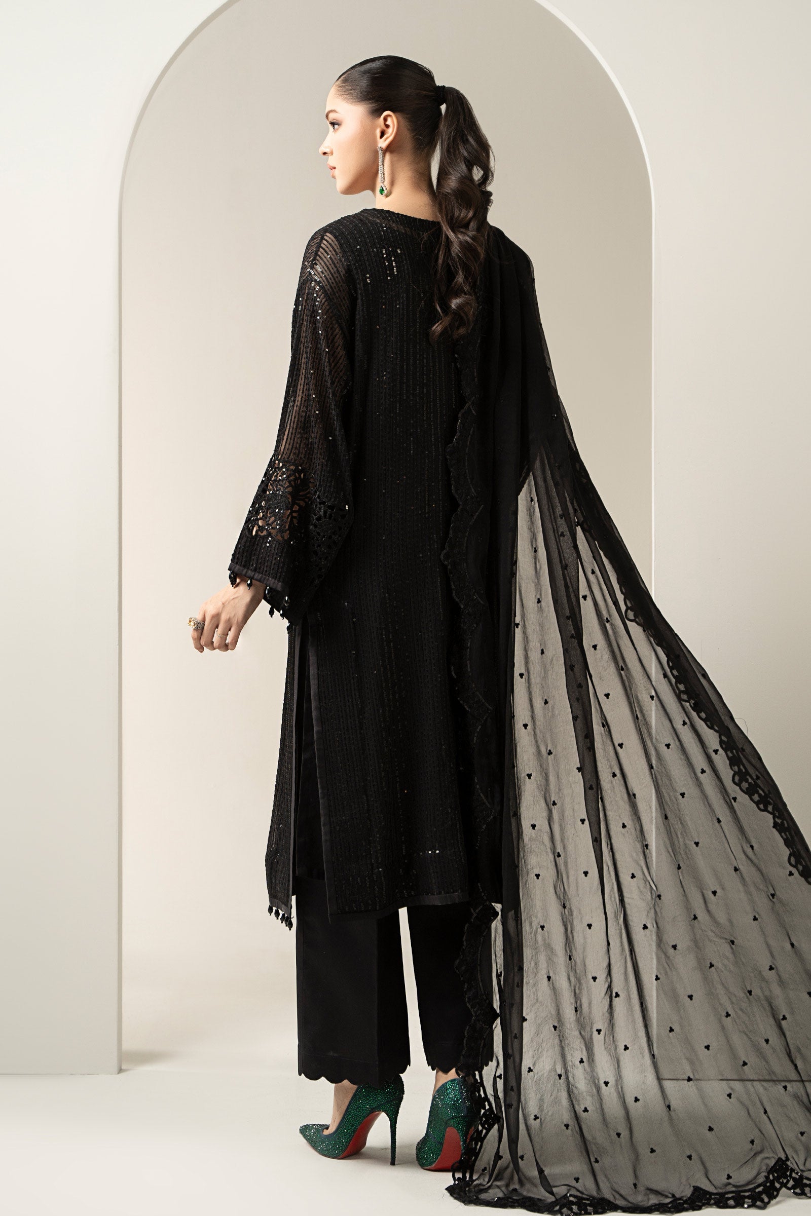Maria B | Pre Fall Dresses | 3 Piece Embroidered Chiffon Suit Black