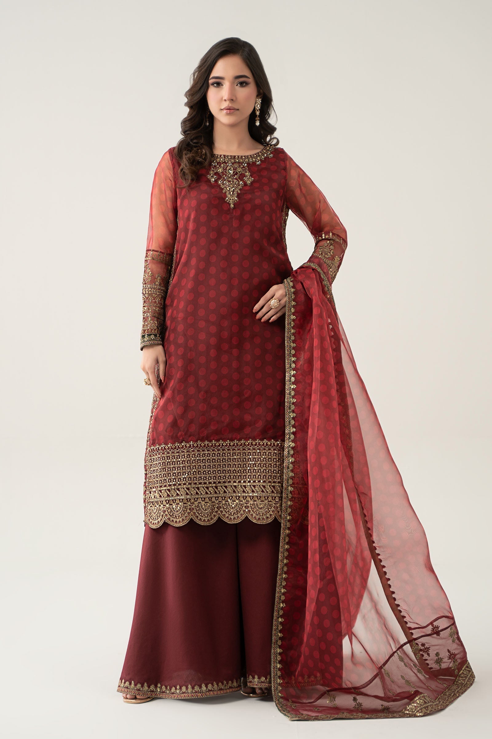Maria B | Pre Fall Dresses | 3 Piece Embroidered Suit Marron