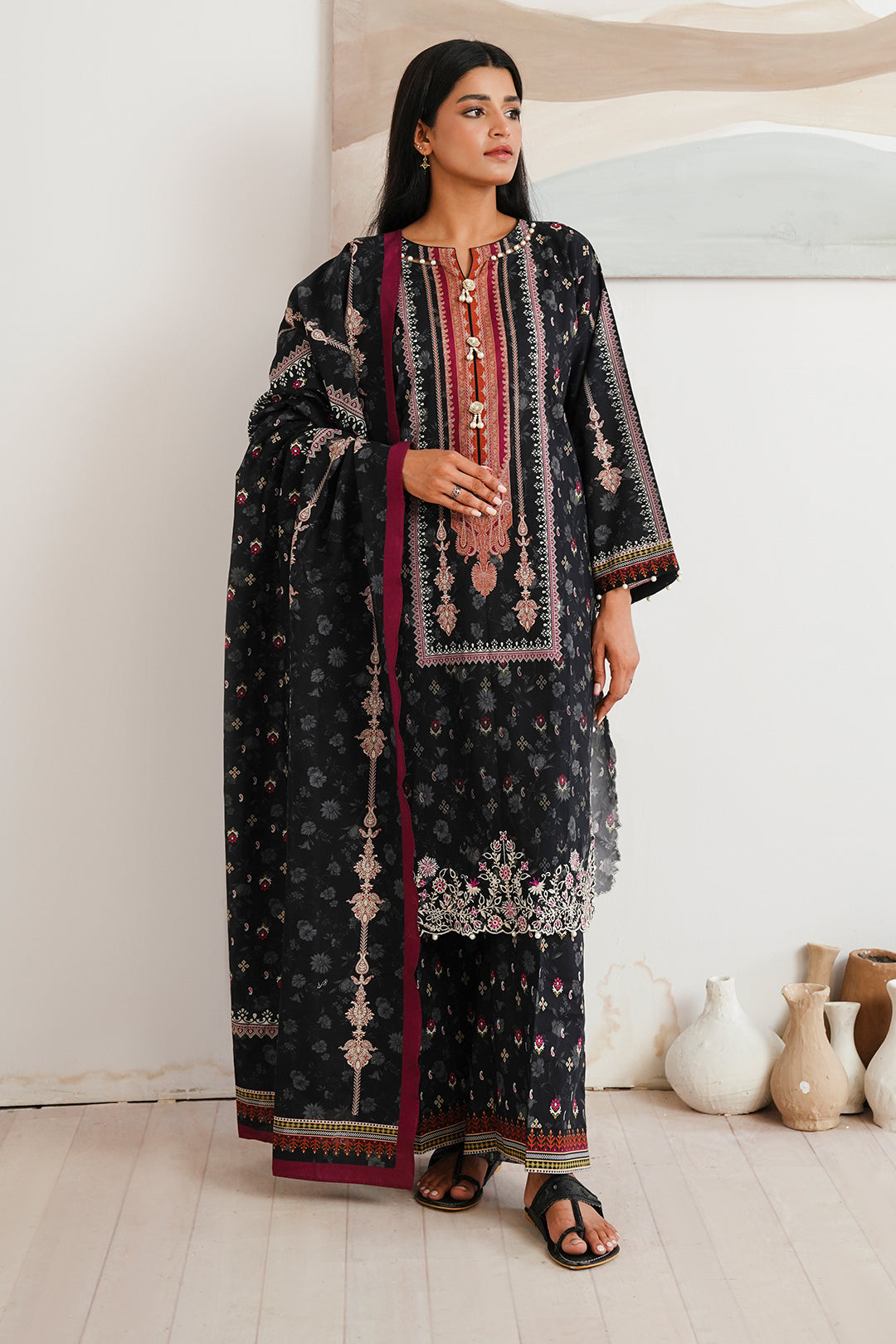Zellbury | Unstitched 3 Piece Cambric | Embroidered Shirt Shalwar Dupatta - 0063 - House Of Zarish