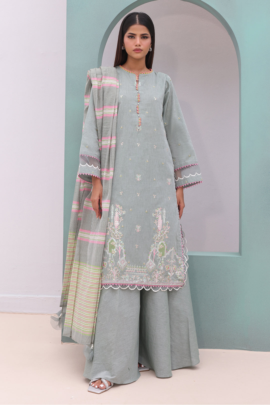 Zellbury | Unstitched 3 Piece Chambray | Embroidered Shirt Shalwar Dupatta - 0075 - House Of Zarish