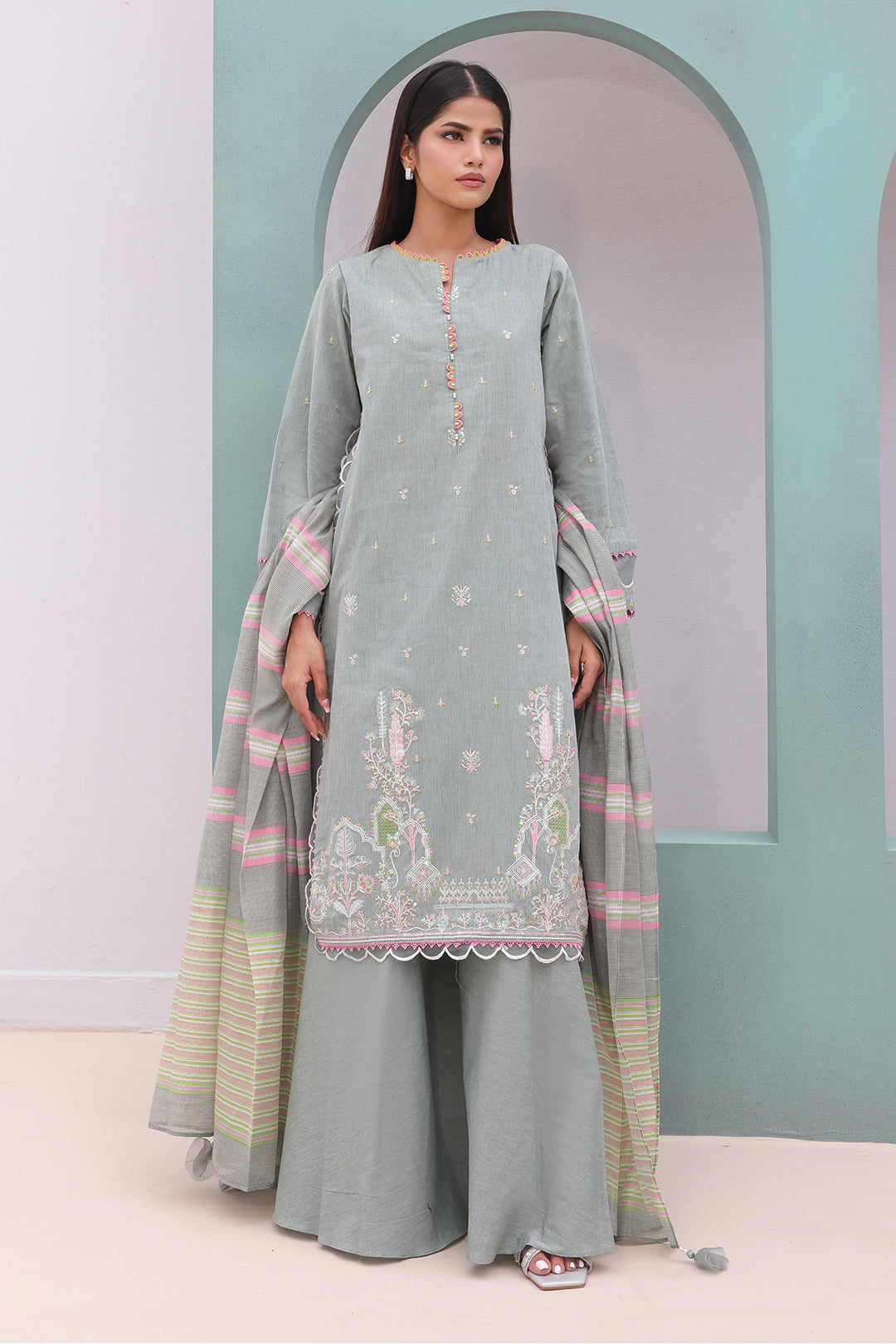 Zellbury | Unstitched 3 Piece Chambray | Embroidered Shirt Shalwar Dupatta - 0075 - House Of Zarish