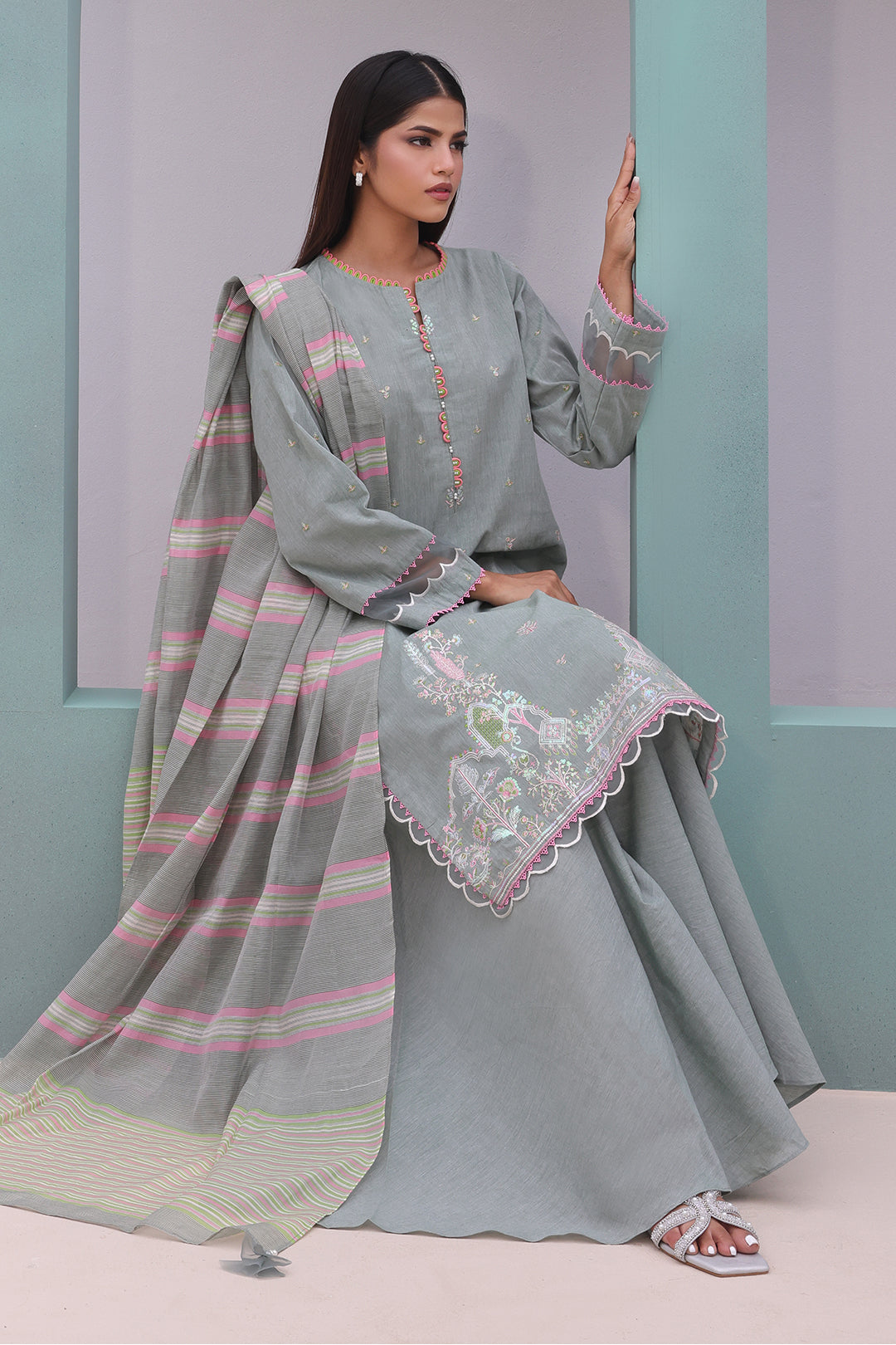 Zellbury | Unstitched 3 Piece Chambray | Embroidered Shirt Shalwar Dupatta - 0075 - House Of Zarish