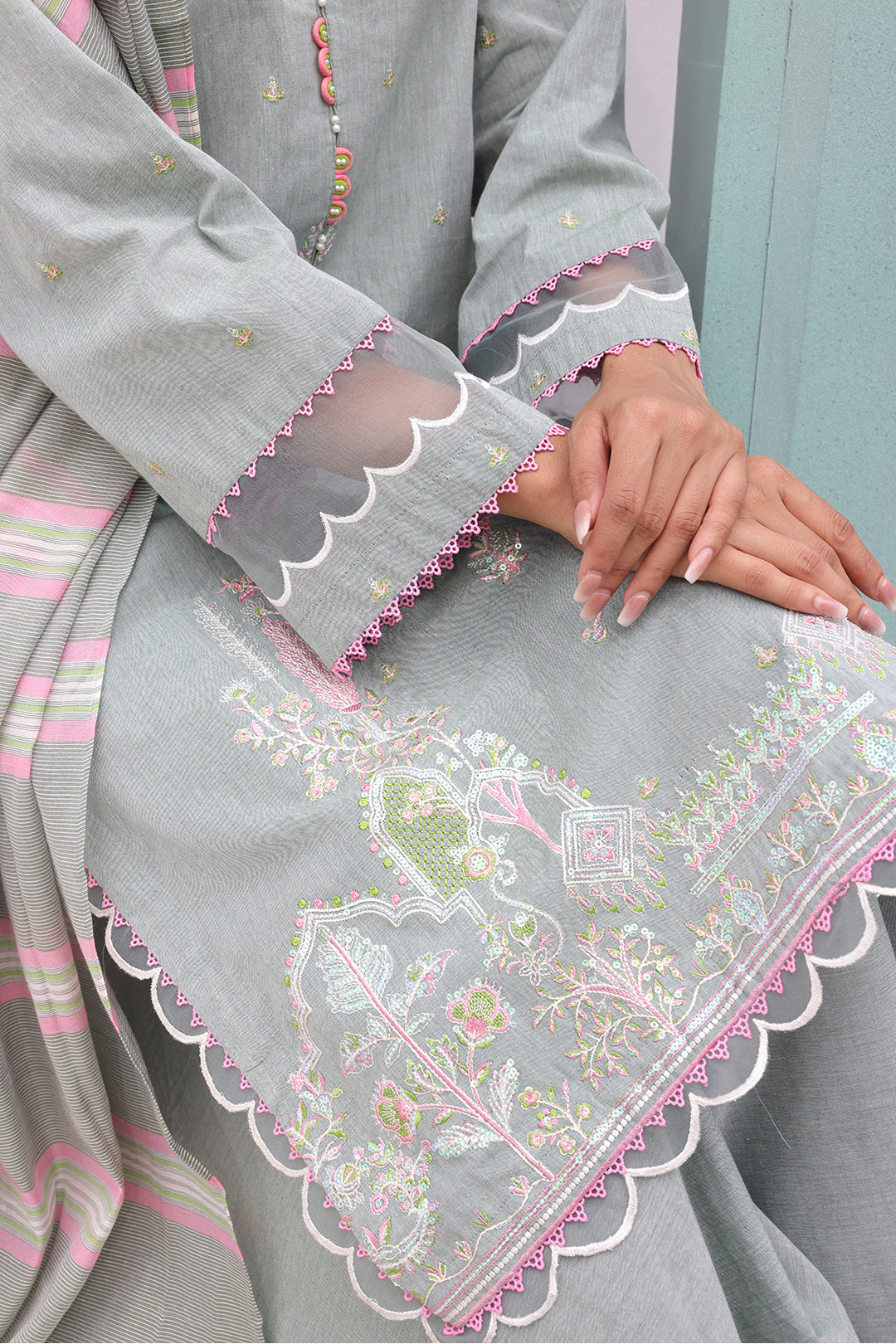 Zellbury | Unstitched 3 Piece Chambray | Embroidered Shirt Shalwar Dupatta - 0075 - House Of Zarish