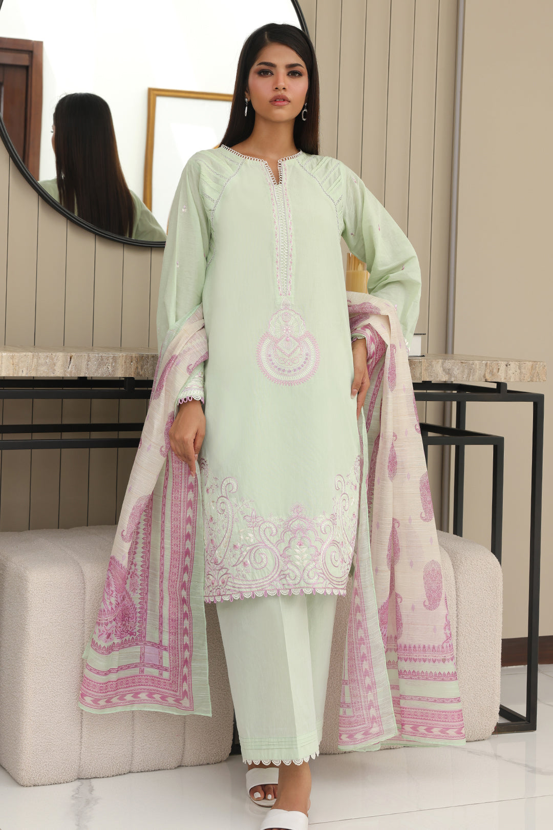 Zellbury | Unstitched 3 Piece Chambray | Embroidered Shirt Shalwar Dupatta - 0077 - House Of Zarish