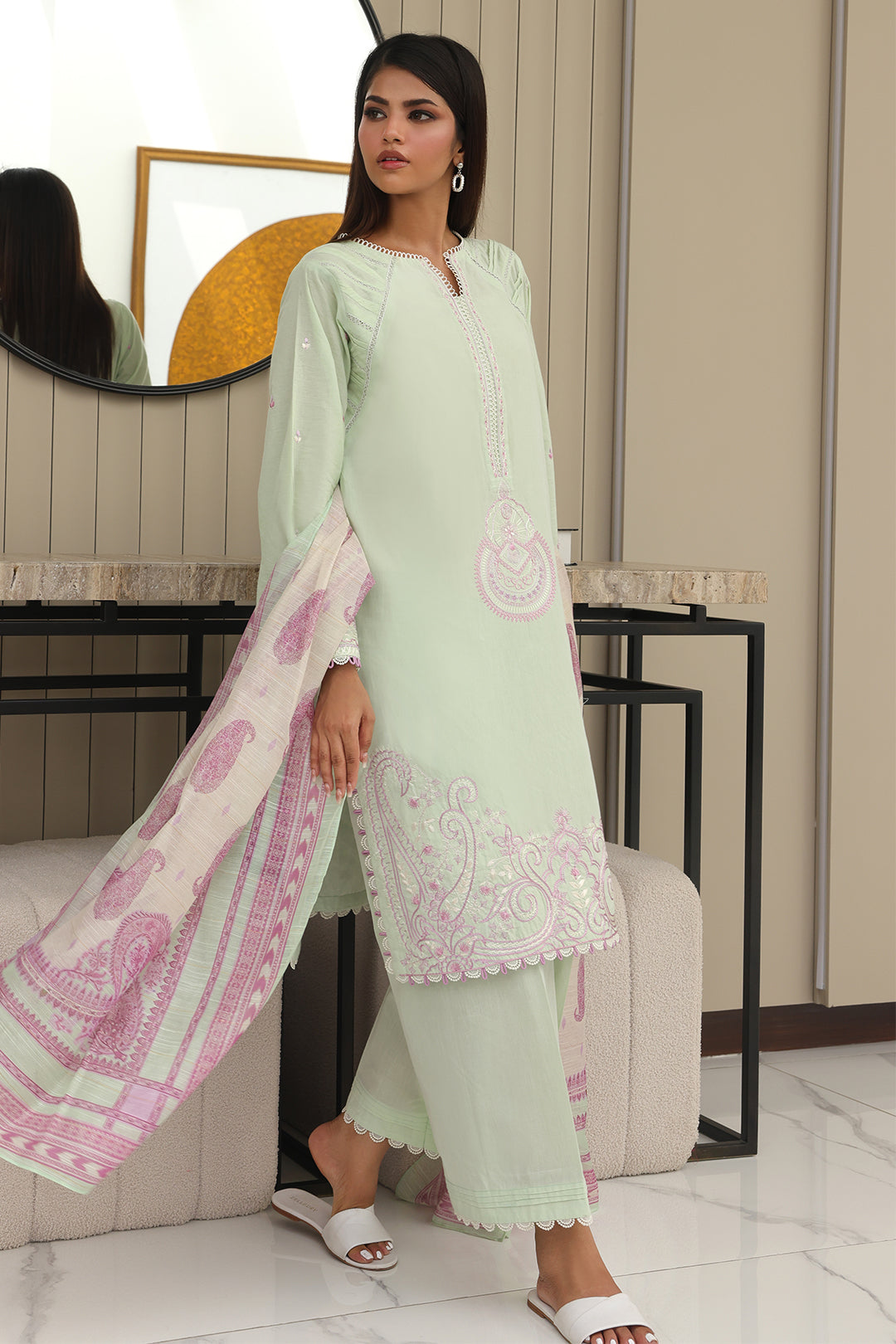 Zellbury | Unstitched 3 Piece Chambray | Embroidered Shirt Shalwar Dupatta - 0077 - House Of Zarish