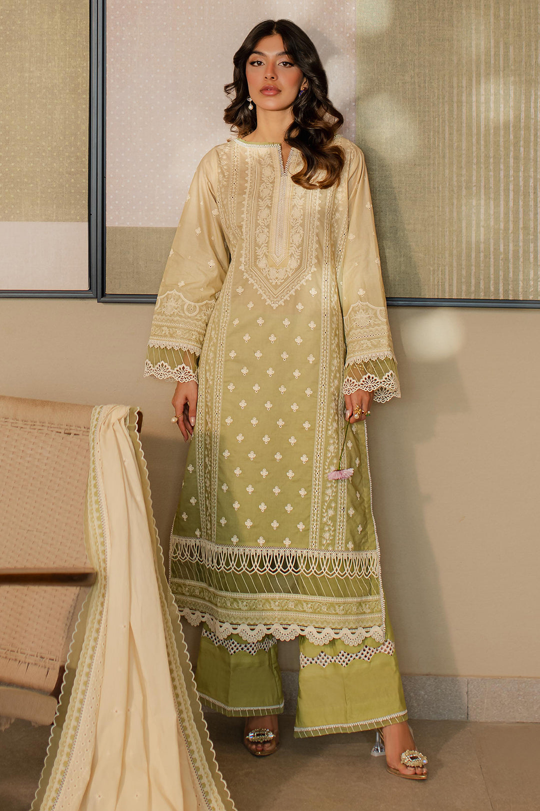 Zellbury | Unstitched 3 Piece Chikankari | Embroidered Shirt Shalwar Dupatta - 0702 - House Of Zarish