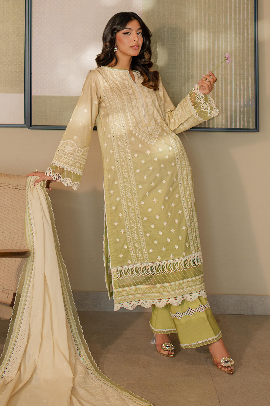Zellbury | Unstitched 3 Piece Chikankari | Embroidered Shirt Shalwar Dupatta - 0702 - House Of Zarish