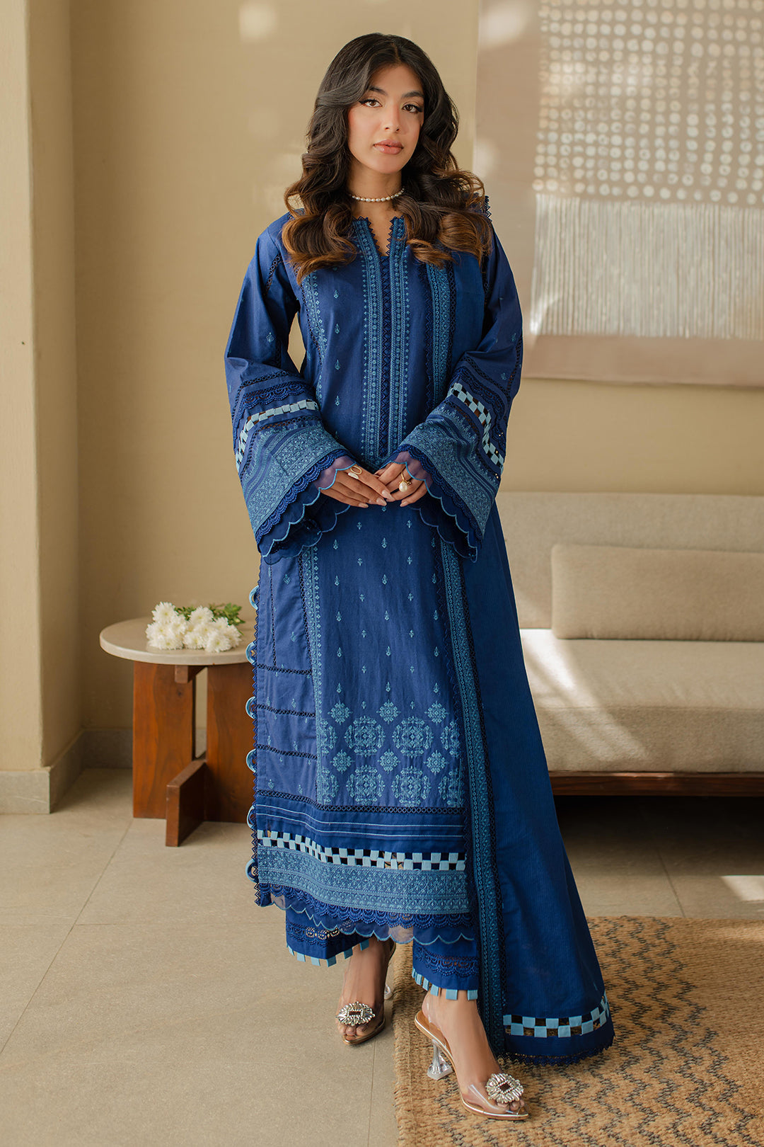 Zellbury | Unstitched 3 Piece Chikankari | Embroidered Shirt Shalwar Dupatta - 0711 - House Of Zarish