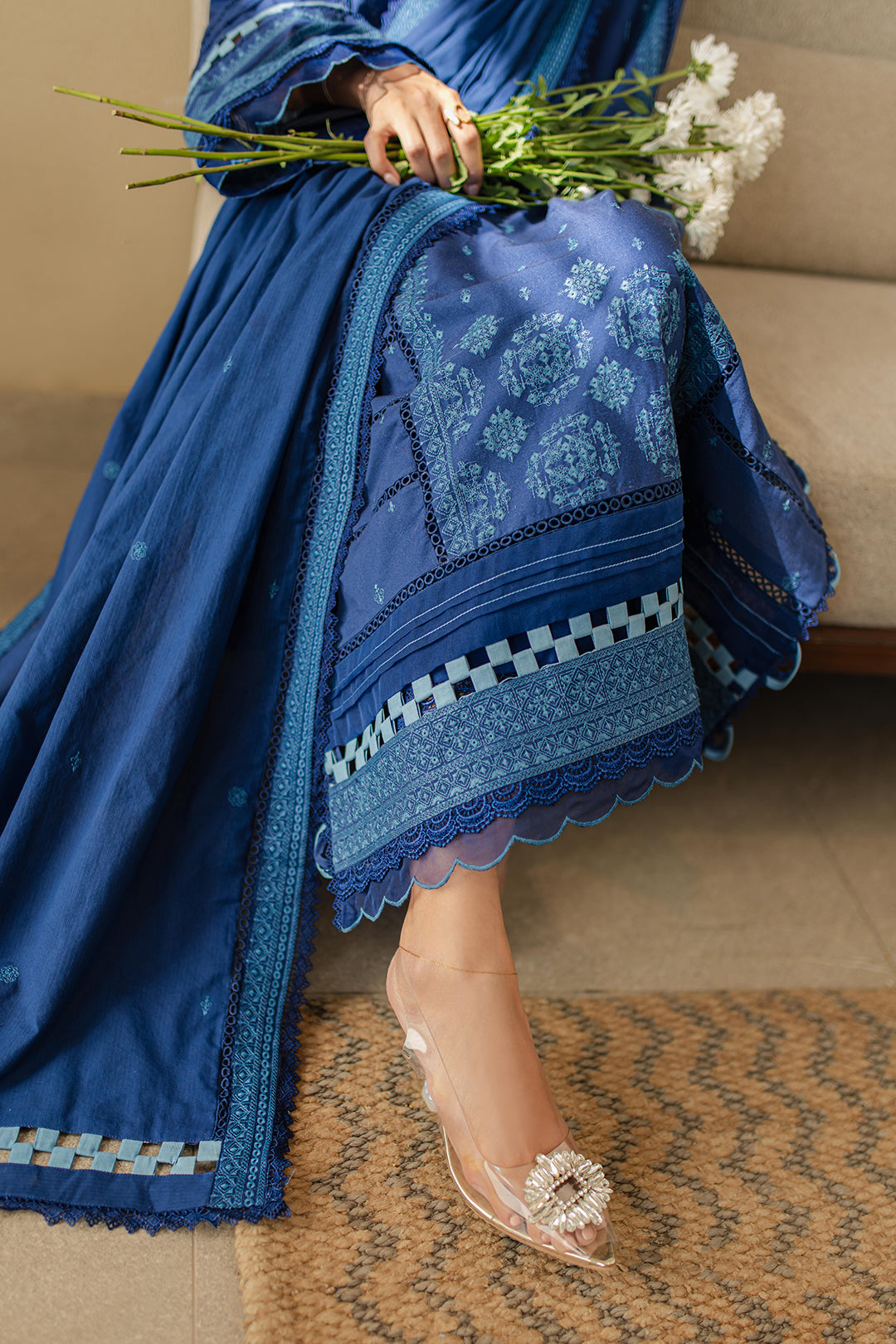 Zellbury | Unstitched 3 Piece Chikankari | Embroidered Shirt Shalwar Dupatta - 0711 - House Of Zarish