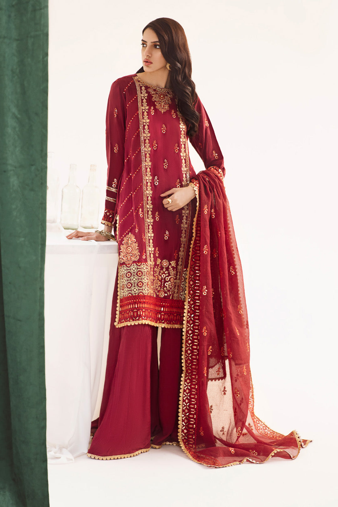 Zellbury | Unstitched 3 Piece Raw Silk | Embroidered Shirt Shalwar Dupatta - 0297 - Libasekhas