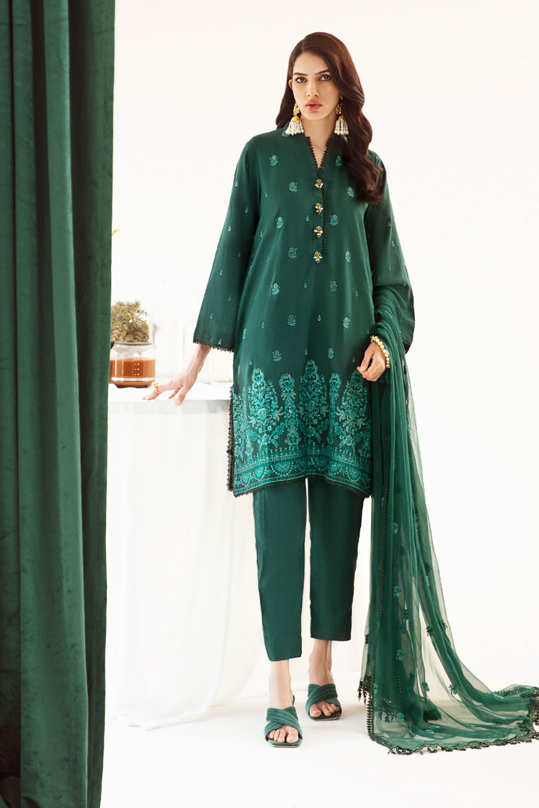 Zellbury | Unstitched 3 Piece Khaddar | Embroidered Shirt Shalwar Dupatta - 0302 - House Of Zarish