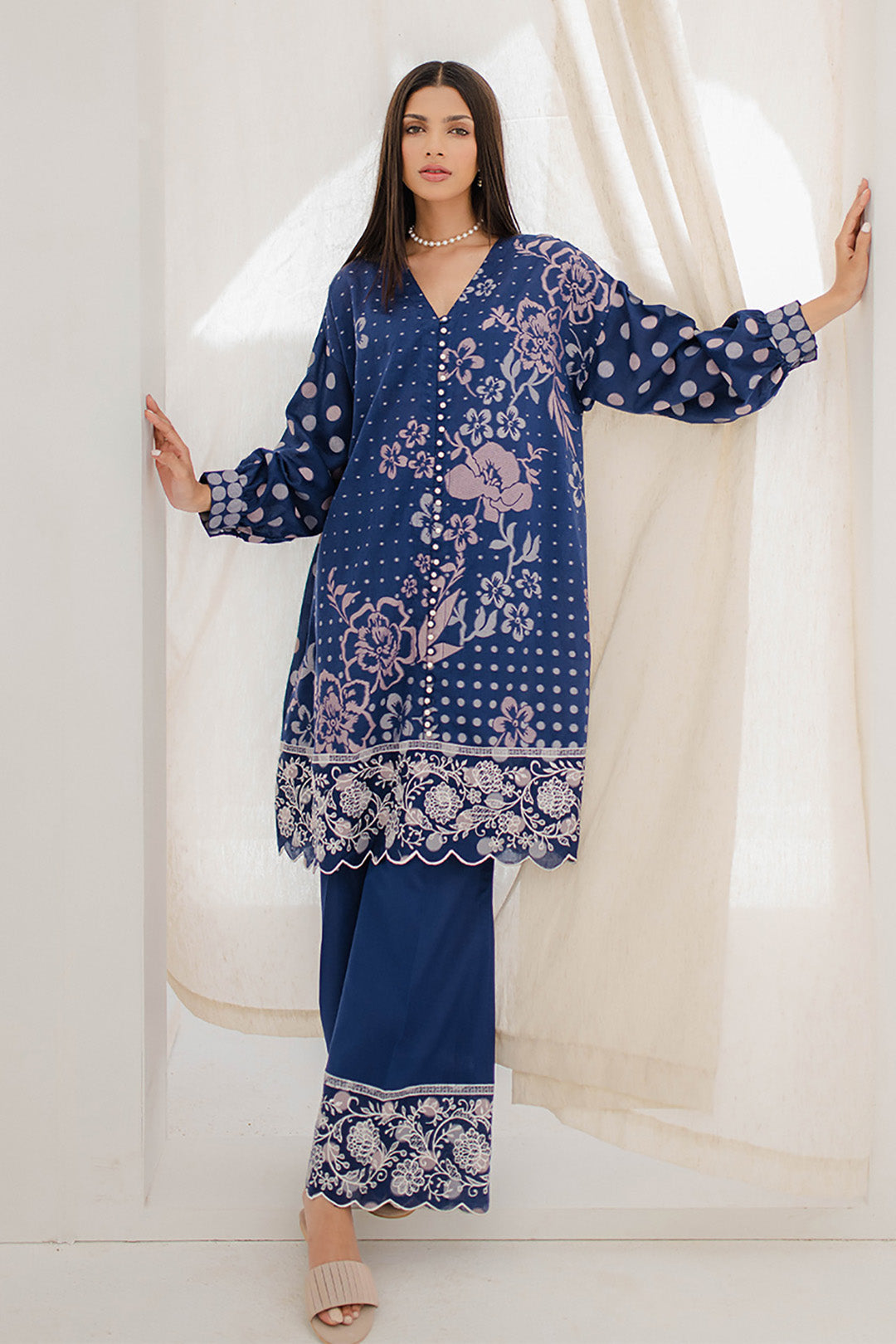 Zellbury | Unstitched 2 Piece Blue | Embroidered Shirt Shalwar - 0672 - House Of Zarish