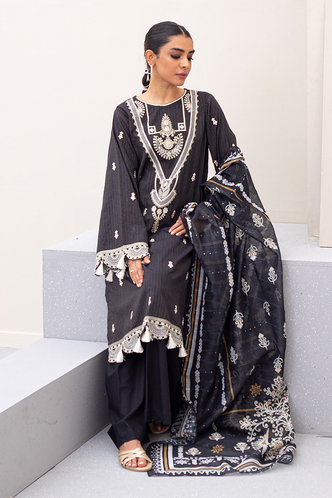Zellbury | Unstitched 3 Piece Lawn | Embroidered Shirt Shalwar Dupatta - 0190 - House Of Zarish