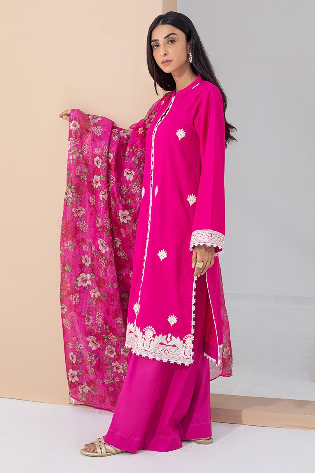 Zellbury | Unstitched 3 Piece Pink | Embroidered Shirt Shalwar Dupatta - 0365 - Libasekhas