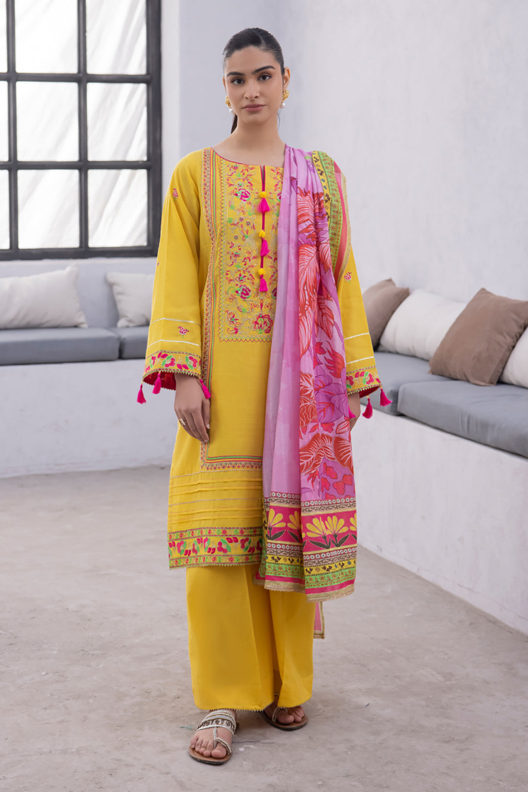 Zellbury | Unstitched 3 Piece Yellow | Embroidered Shirt Shalwar Dupatta - 1126 - House Of Zarish