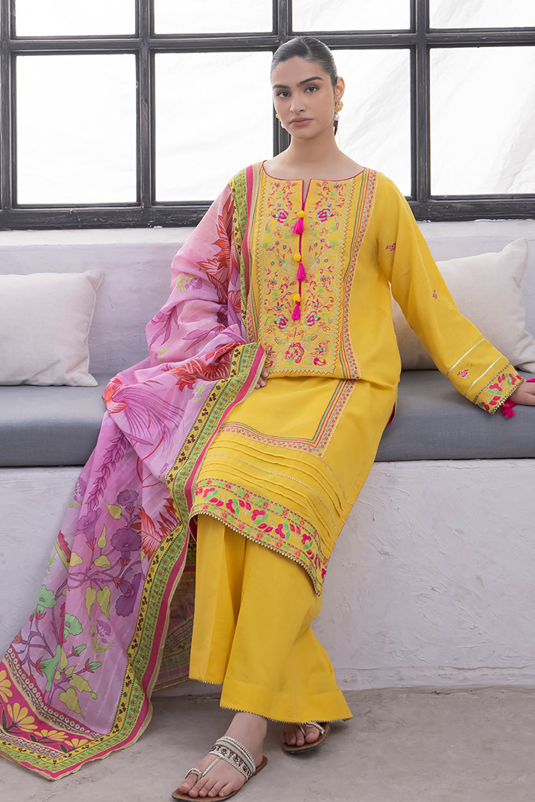 Zellbury | Unstitched 3 Piece Yellow | Embroidered Shirt Shalwar Dupatta - 1126 - House Of Zarish
