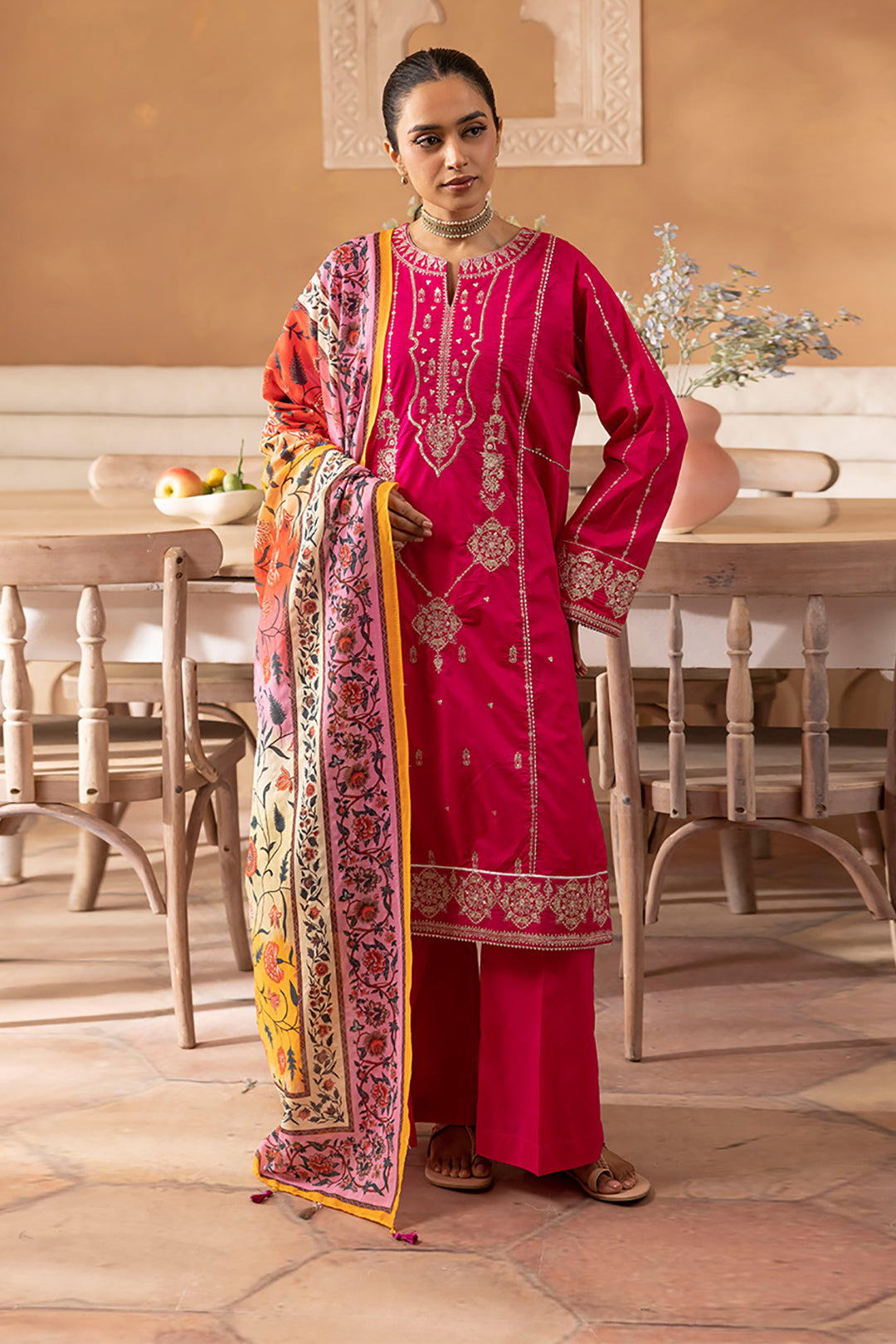 Zellbury | Unstitched 3 Piece Magenta | Embroidered Shirt Shalwar Dupatta - 1145 - House Of Zarish