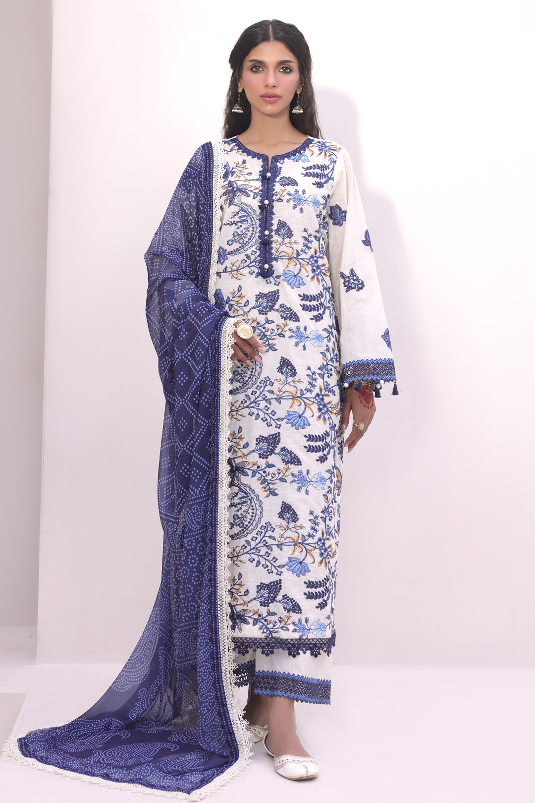Zellbury | Unstitched 3 Piece Cambric | Embroidered Shirt Shalwar Dupatta - 1554 - Libasekhas