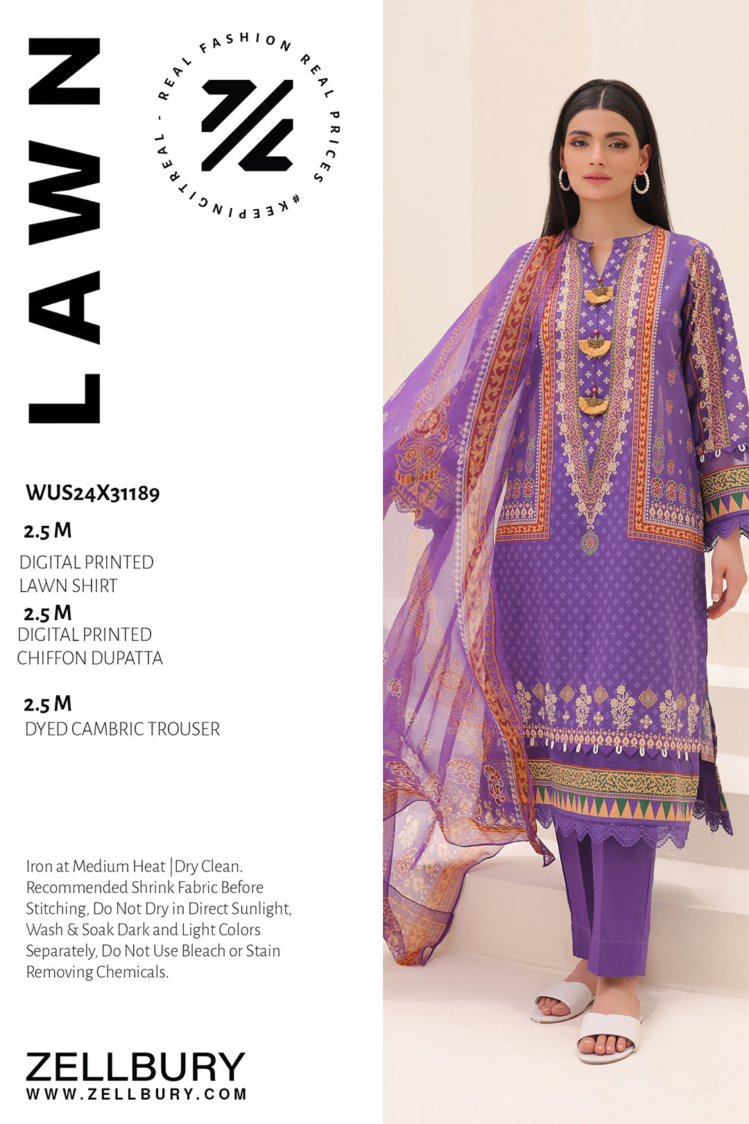 Zellbury | Unstitched 3 Piece Lawn | Shirt Shalwar Dupatta - 1189 - House Of Zarish