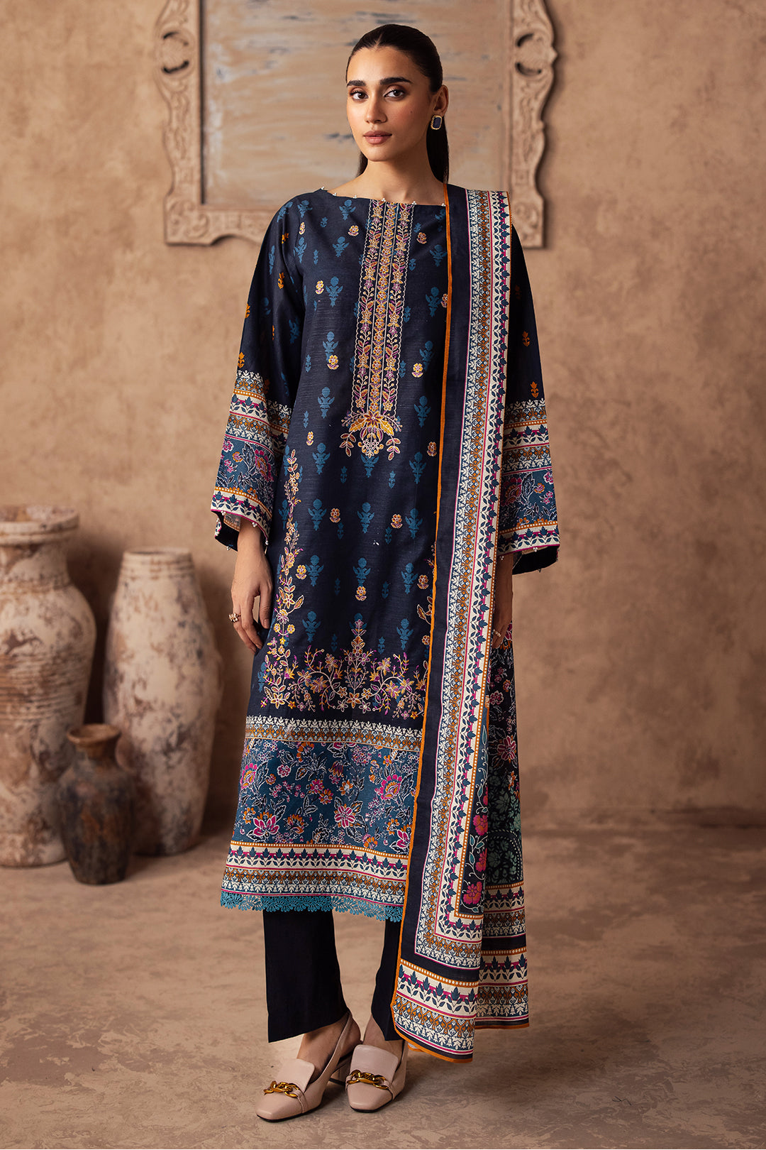 Zellbury | Unstitched 3 Piece Khaddar | Embroidered Shirt Shalwar Dupatta - 0225 - House Of Zarish