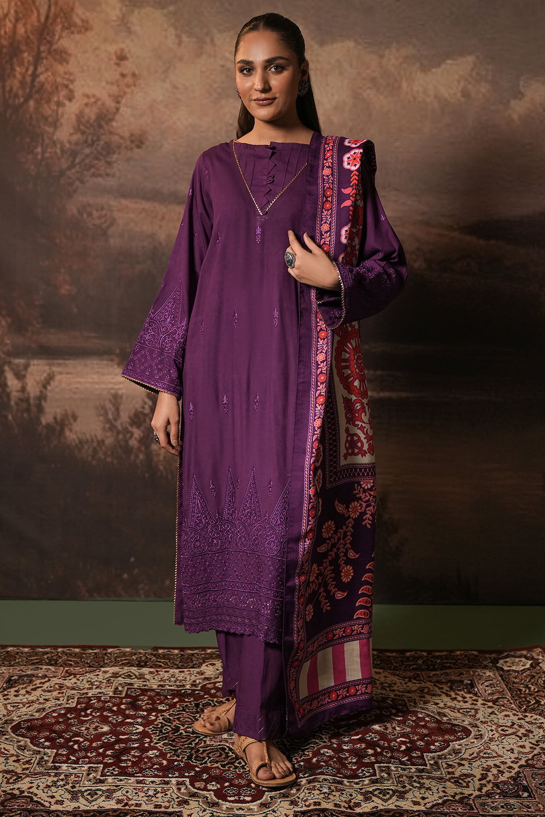 Zellbury | Unstitched 3 Piece Viscose | Embroidered Shirt Shalwar Shawl - 0248 - House Of Zarish