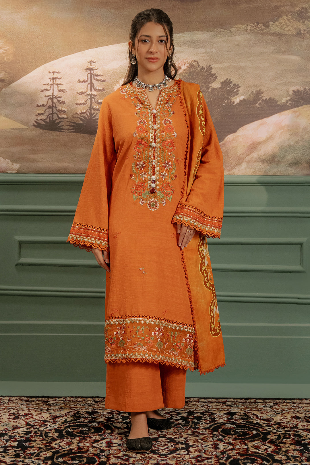Zellbury | Unstitched 3 Piece Khaddar | Embroidered Shirt Shalwar Dupatta - 0413 - House Of Zarish