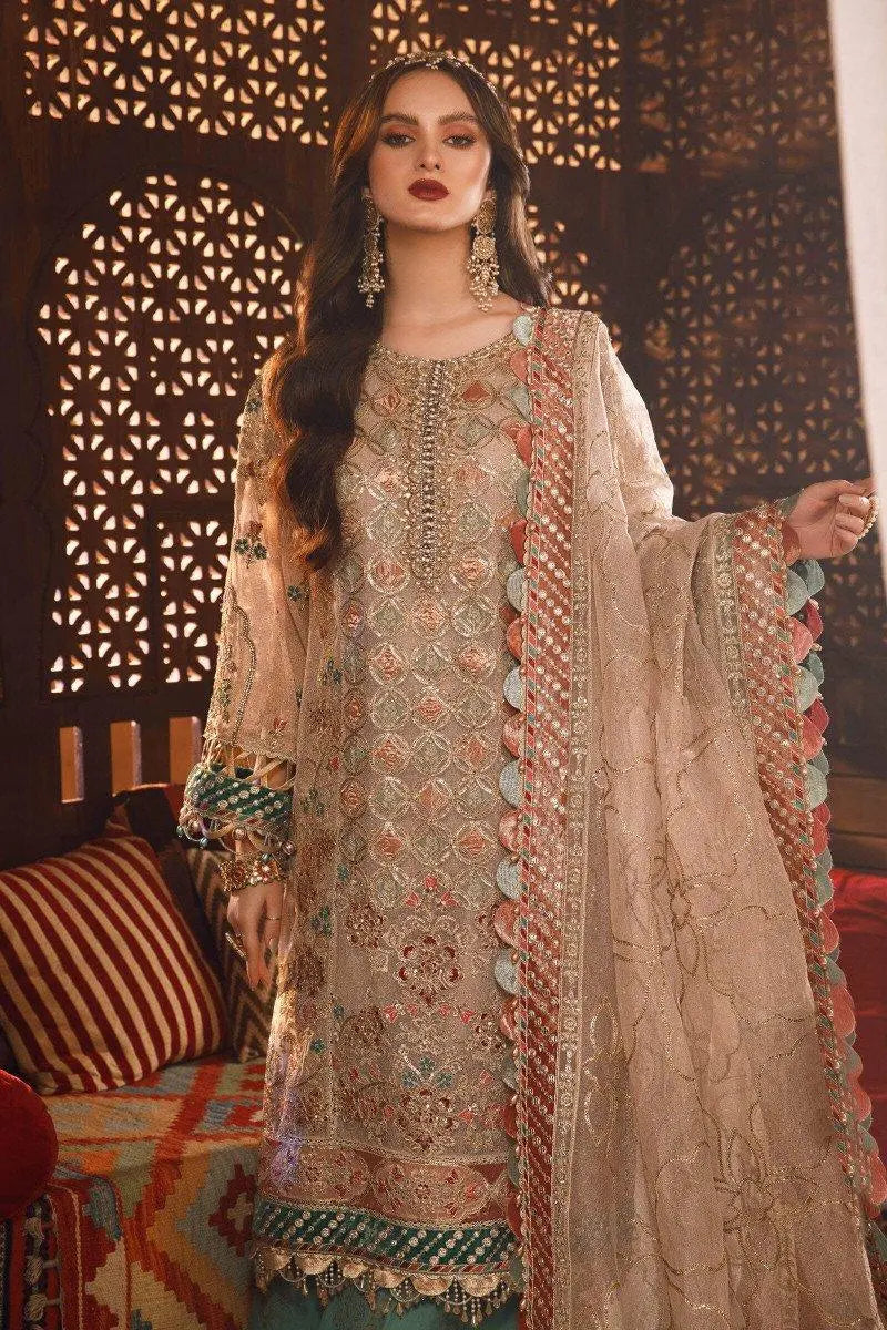 MARIA.B-MBROIDERED - Off White with Sea Green (BD-2507) - House Of Anaya