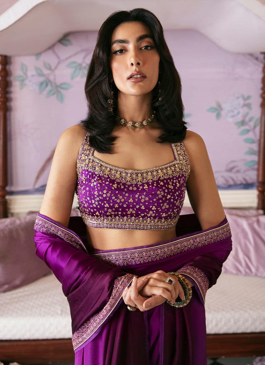 Farah Talib Aziz | Mayna Festive Luxe | AIGUL AUBERGINE SAREE - House Of Anaya