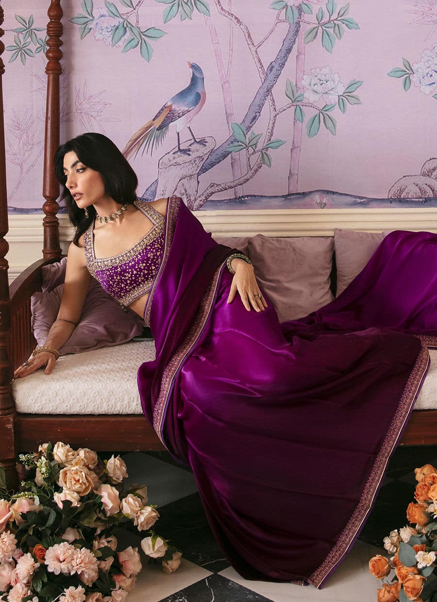 Farah Talib Aziz | Mayna Festive Luxe | AIGUL AUBERGINE SAREE - House Of Anaya