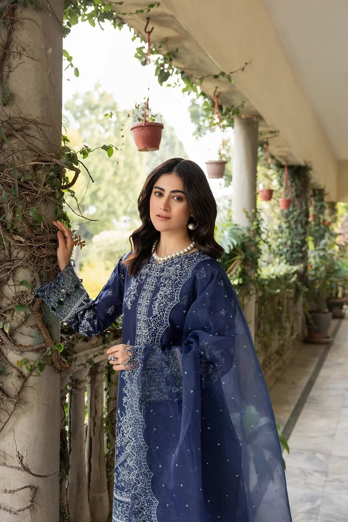 Farasha | Bahaar Embroidered Lawn | Blue Ochre - House Of Anaya