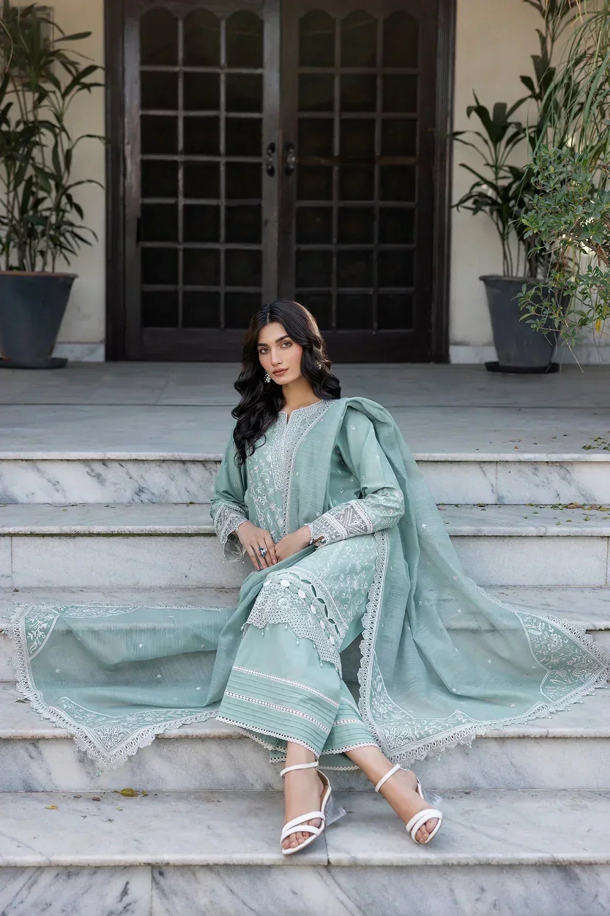 Farasha | Bahaar Embroidered Lawn | Aqua Pearl - House Of Anaya