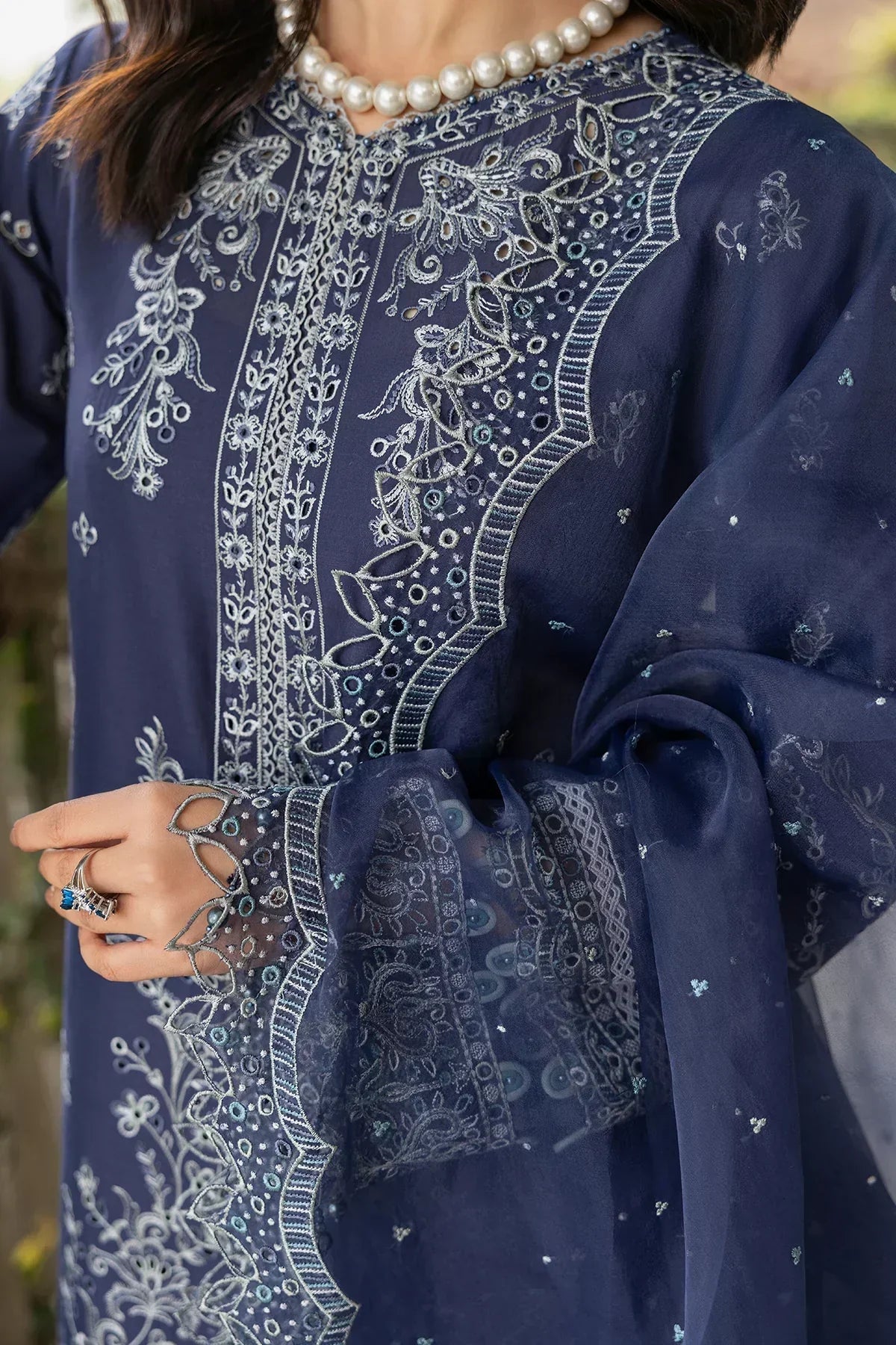 Farasha | Bahaar Embroidered Lawn | Blue Ochre - House Of Anaya
