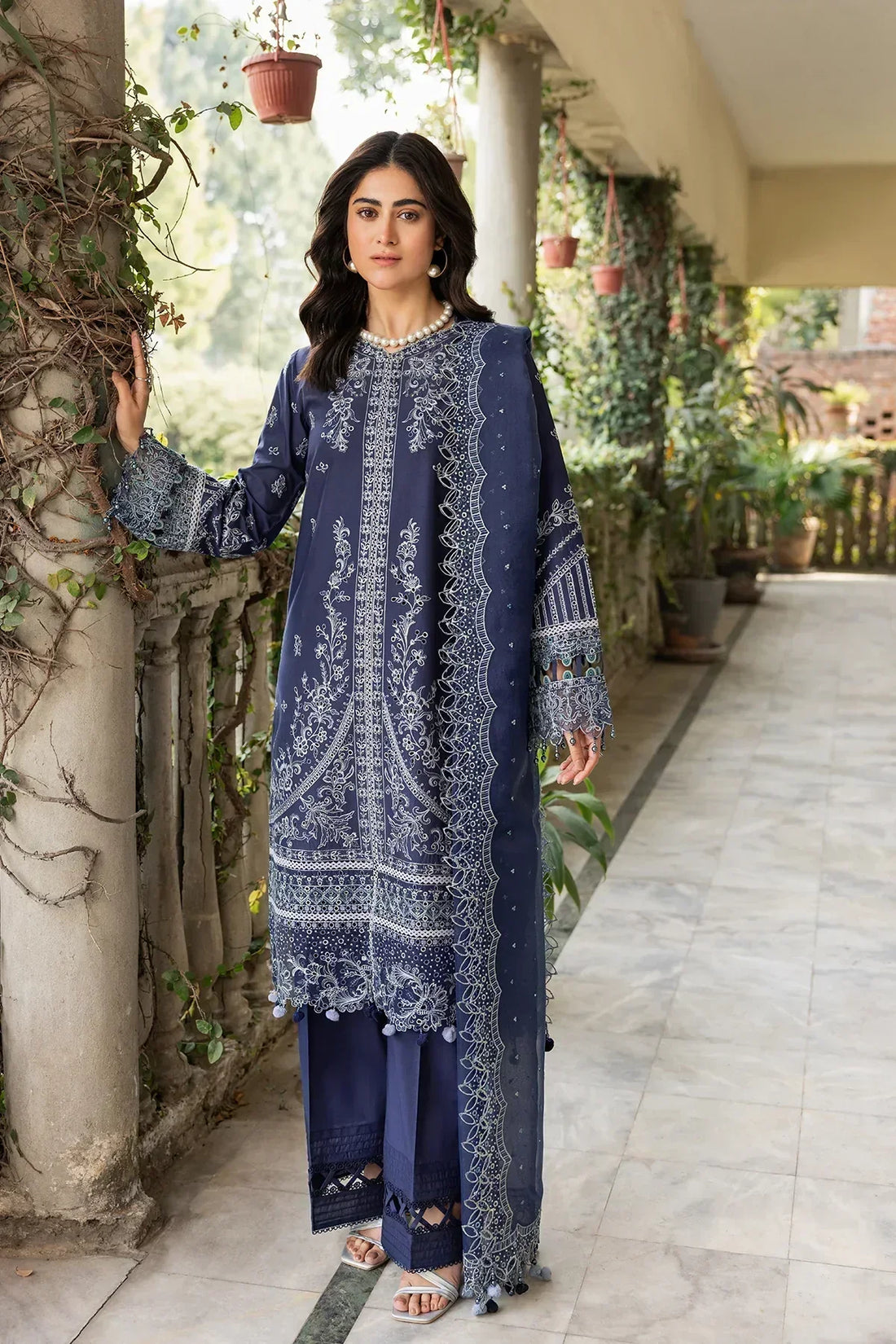 Farasha | Bahaar Embroidered Lawn | Blue Ochre - House Of Anaya