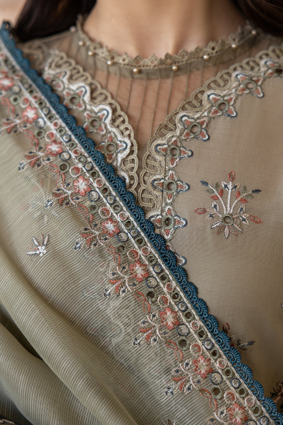 Farasha | Bahaar Embroidered Lawn | Whimsical Sage - House Of Anaya