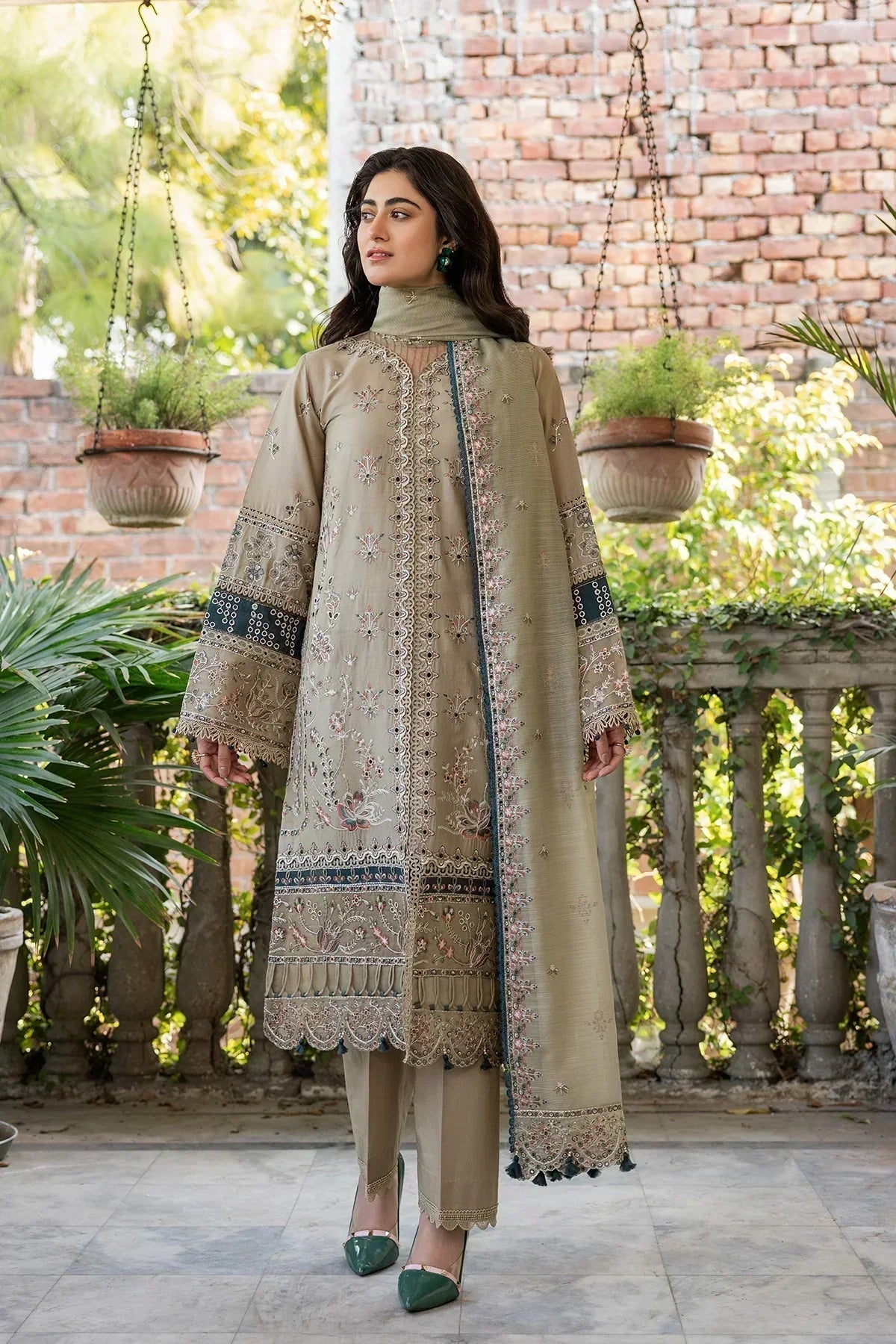Farasha | Bahaar Embroidered Lawn | Whimsical Sage - House Of Anaya