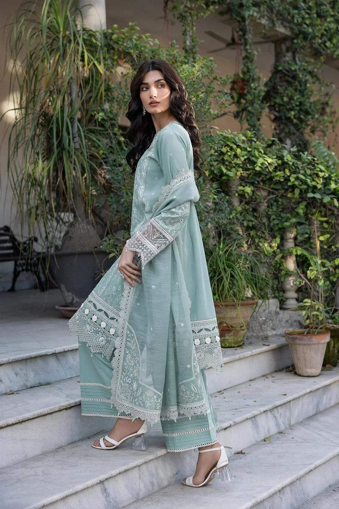 Farasha | Bahaar Embroidered Lawn | Aqua Pearl - House Of Anaya