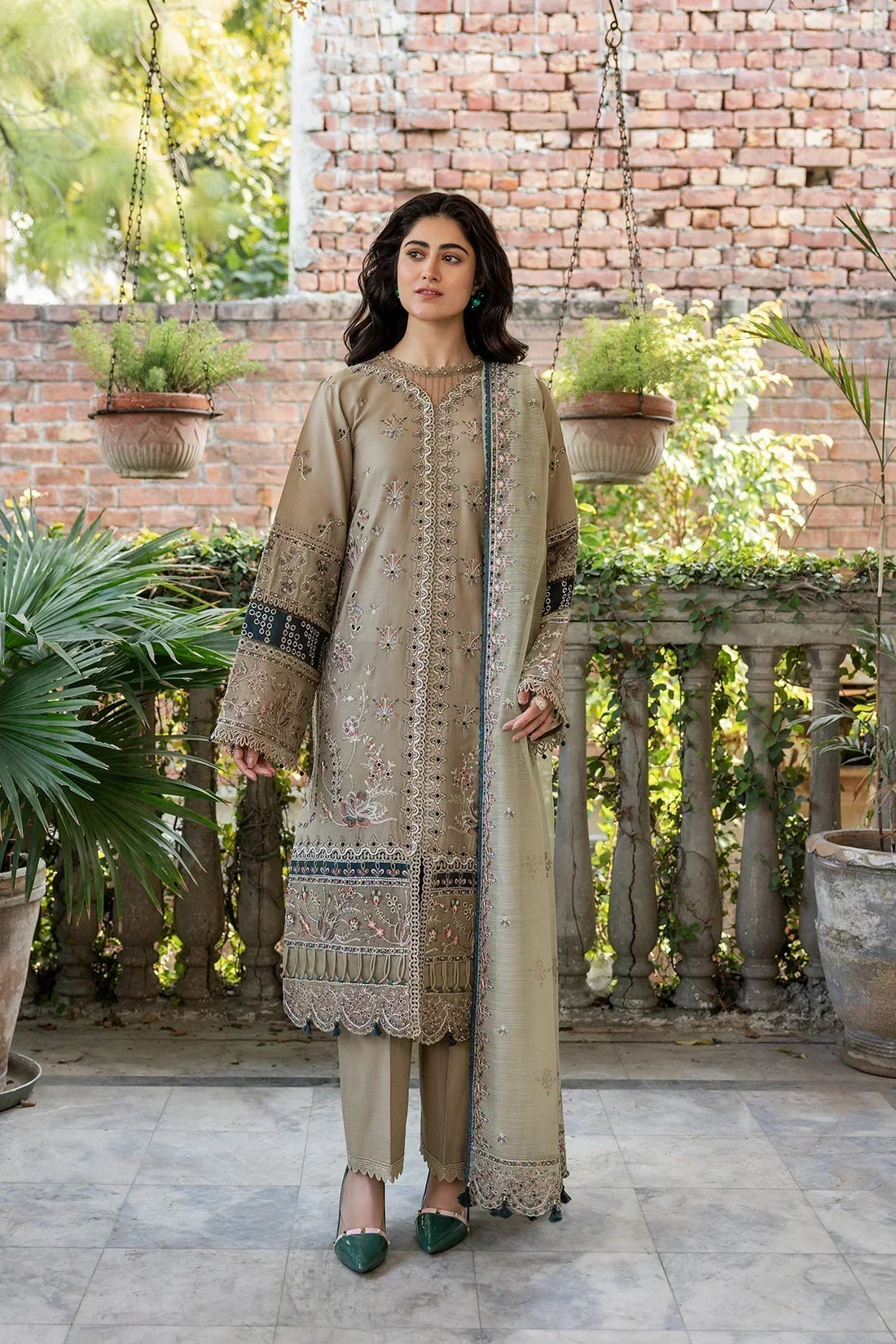 Farasha | Bahaar Embroidered Lawn | Whimsical Sage - House Of Anaya