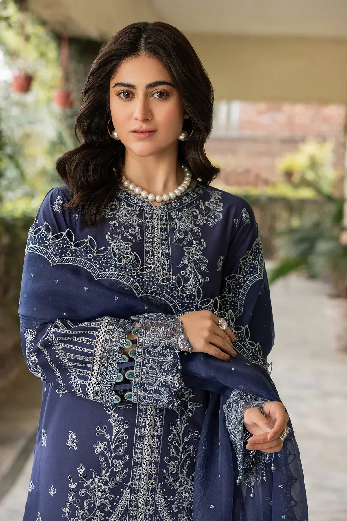 Farasha | Bahaar Embroidered Lawn | Blue Ochre - House Of Anaya