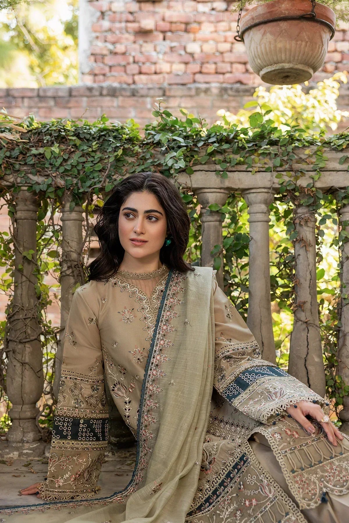 Farasha | Bahaar Embroidered Lawn | Whimsical Sage - House Of Anaya